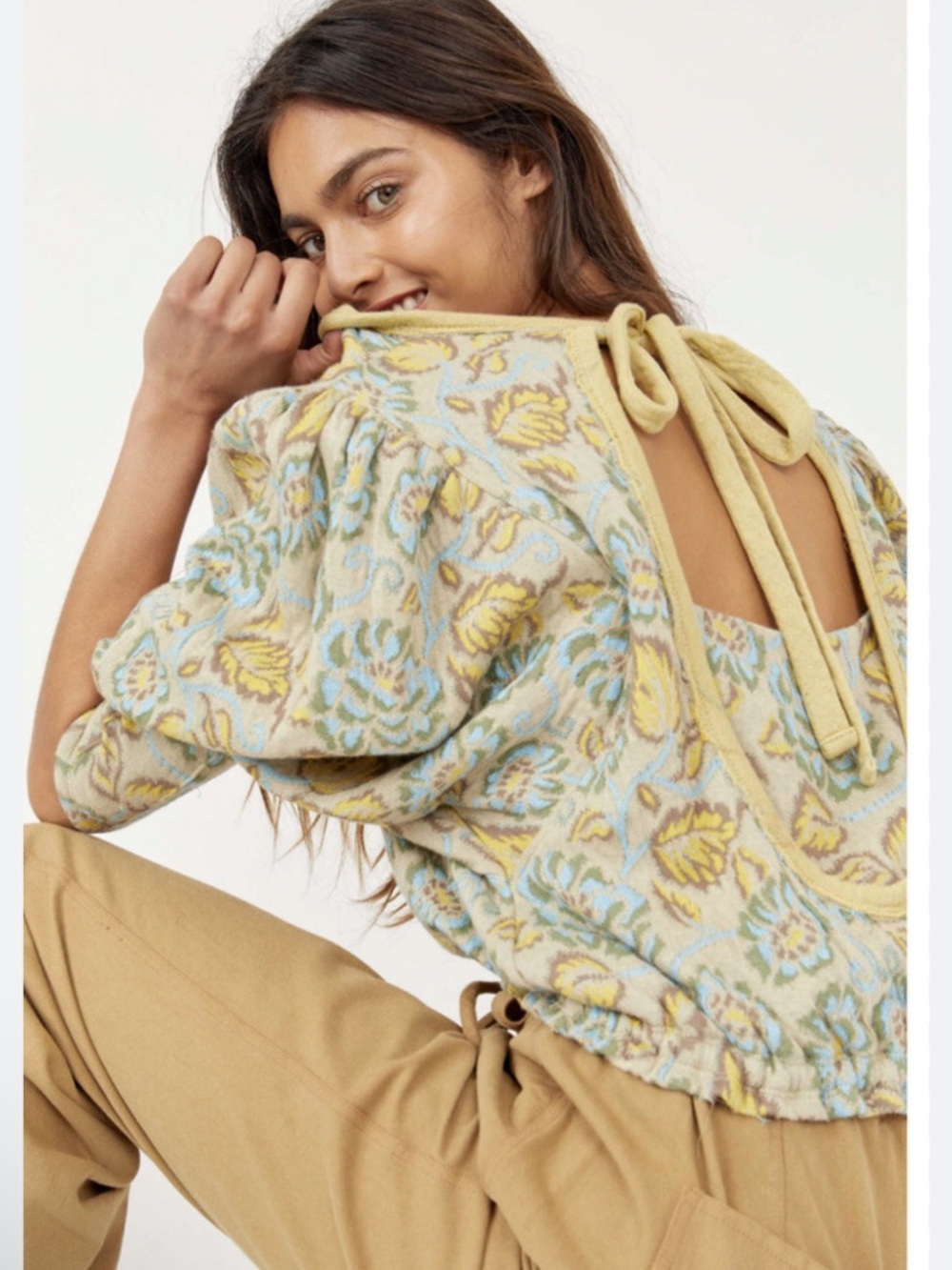 FREE PEOPLE Floral Cropped Peasant Top in Sage and Mustard!! S